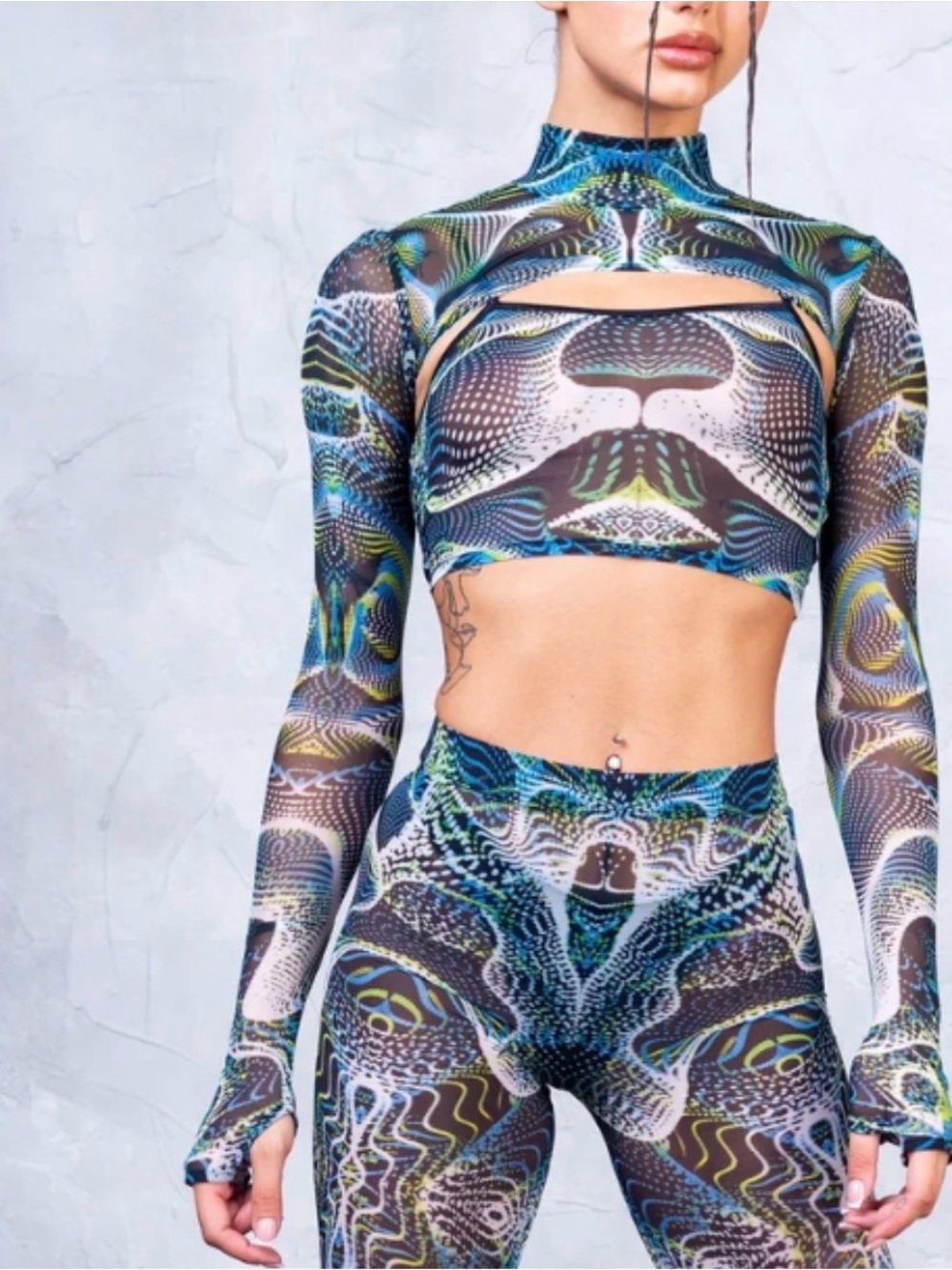 BADINKA Women's Multicolor Abstract Vapor Mesh 2 Pc Crop Top & Shrug Size S